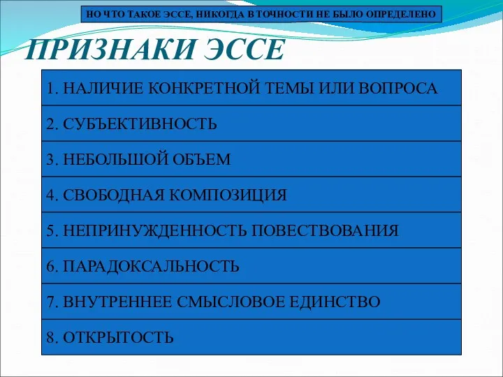 ПРИЗНАКИ ЭССЕ 1. НАЛИЧИЕ КОНКРЕТНОЙ ТЕМЫ ИЛИ ВОПРОСА 3. НЕБОЛЬШОЙ ОБЪЕМ 4. СВОБОДНАЯ