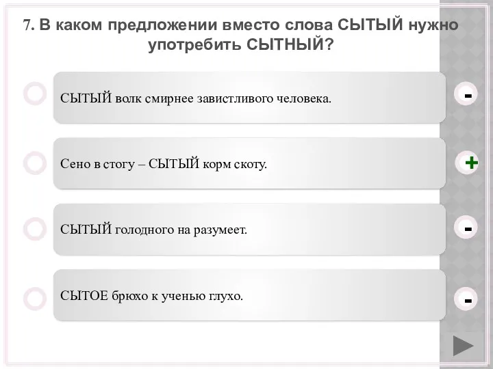 7. В каком предложении вместо слова СЫТЫЙ нужно употребить СЫТНЫЙ?