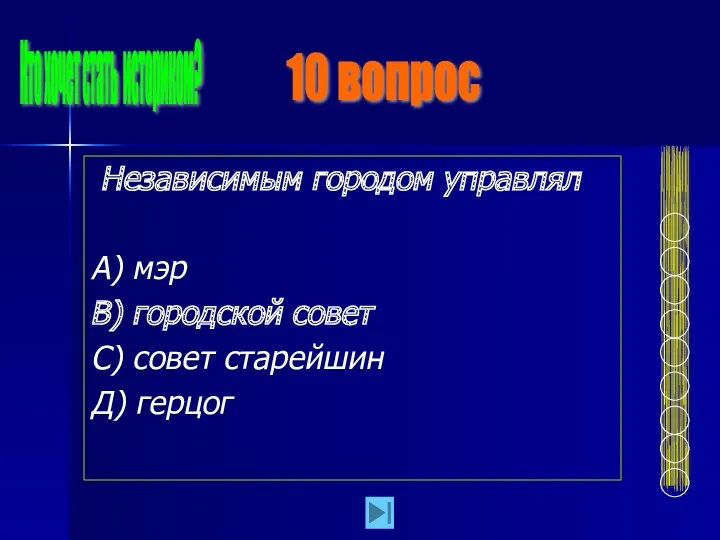 Независимым городом управлял А) мэр В) городской совет С) совет