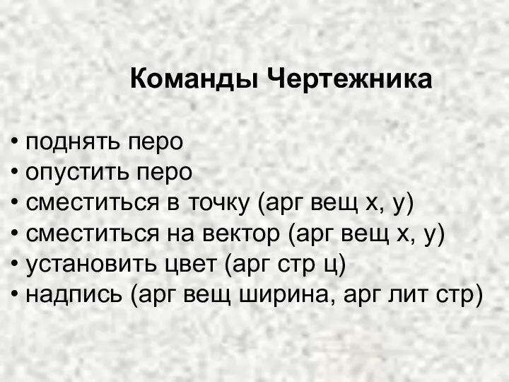 Команды Чертежника поднять перо опустить перо сместиться в точку (арг вещ x, y)