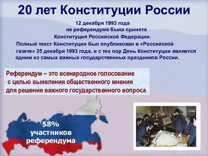 20 лет Конституции России 12 декабря 1993 года на референдуме