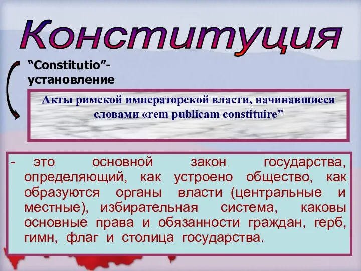 Конституция “Constitutio”- установление - это основной закон государства, определяющий, как