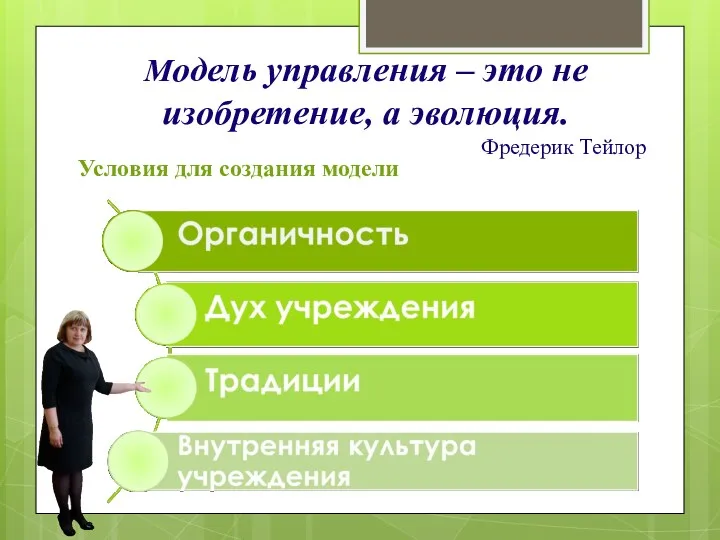 Модель управления – это не изобретение, а эволюция. Фредерик Тейлор Условия для создания модели