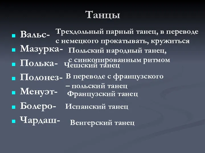 Танцы Вальс- Мазурка- Полька- Полонез- Менуэт- Болеро- Чардаш- Трехдольный парный