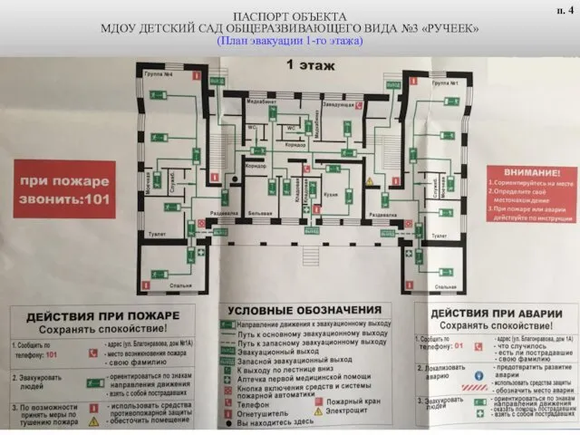 ПАСПОРТ ОБЪЕКТА МДОУ ДЕТСКИЙ САД ОБЩЕРАЗВИВАЮЩЕГО ВИДА №3 «РУЧЕЕК» (План эвакуации 1-го этажа) п. 4
