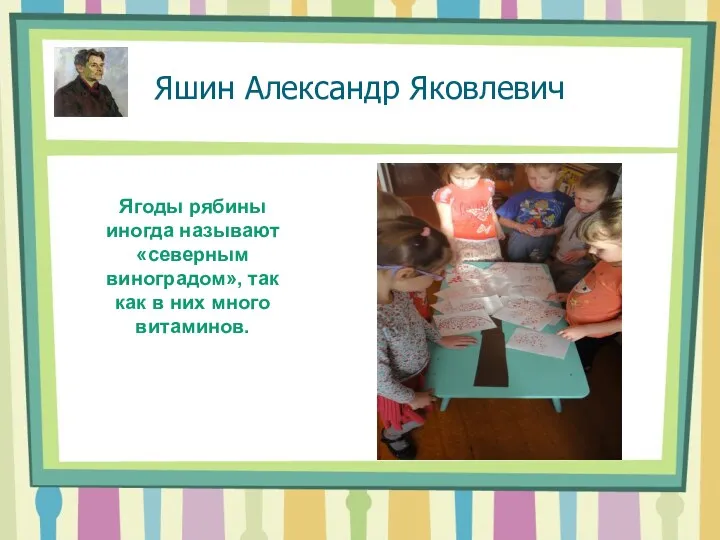 Яшин Александр Яковлевич Ягоды рябины иногда называют «северным виноградом», так как в них много витаминов.