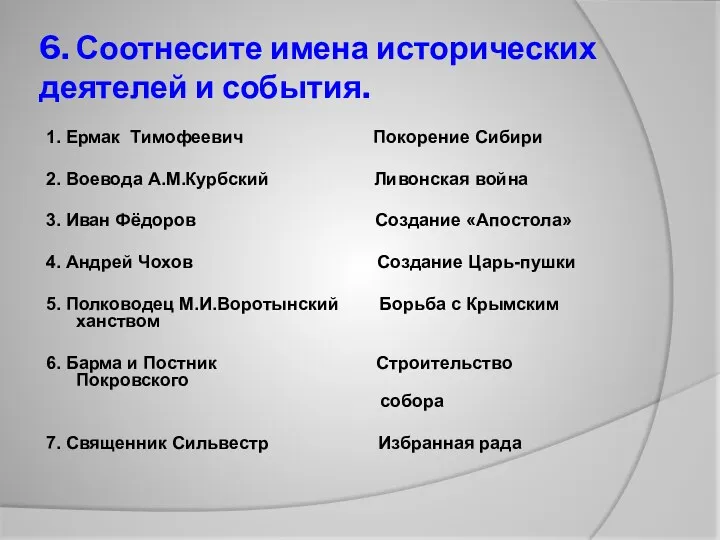 6. Соотнесите имена исторических деятелей и события. 1. Ермак Тимофеевич