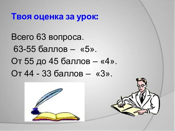 Твоя оценка за урок: Всего 63 вопроса. 63-55 баллов –