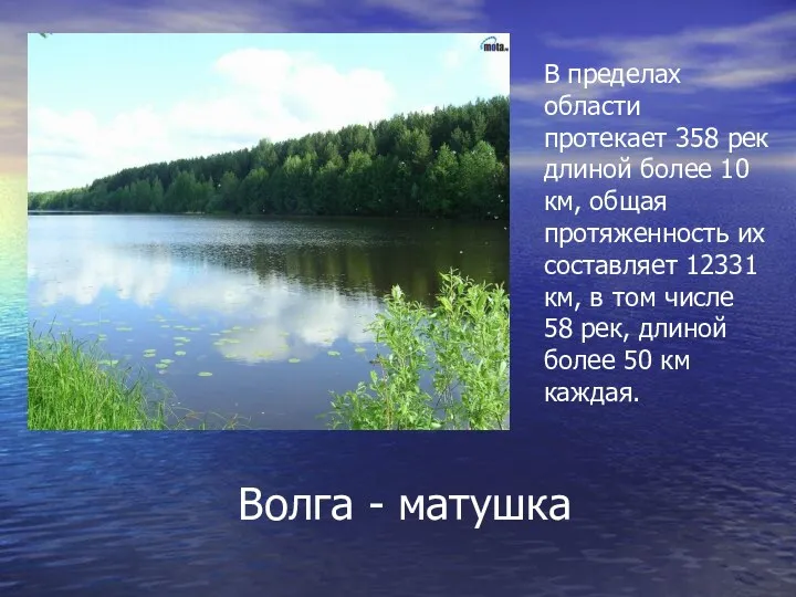 Волга - матушка В пределах области протекает 358 рек длиной