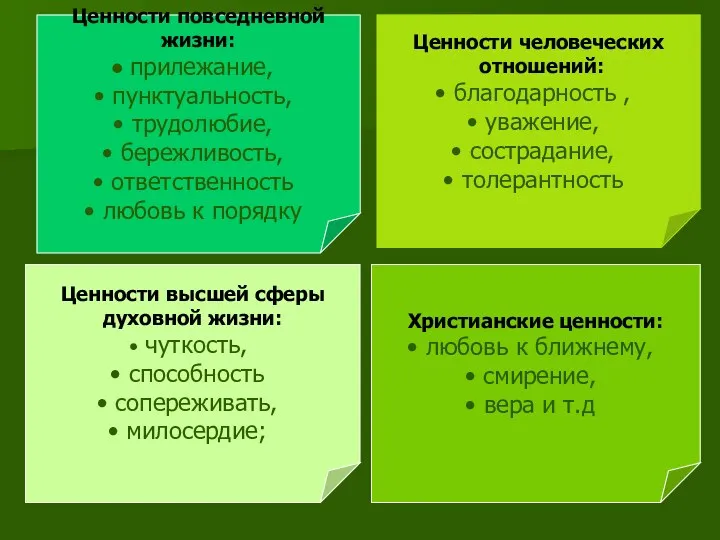 Ценности повседневной жизни: прилежание, пунктуальность, трудолюбие, бережливость, ответственность любовь к