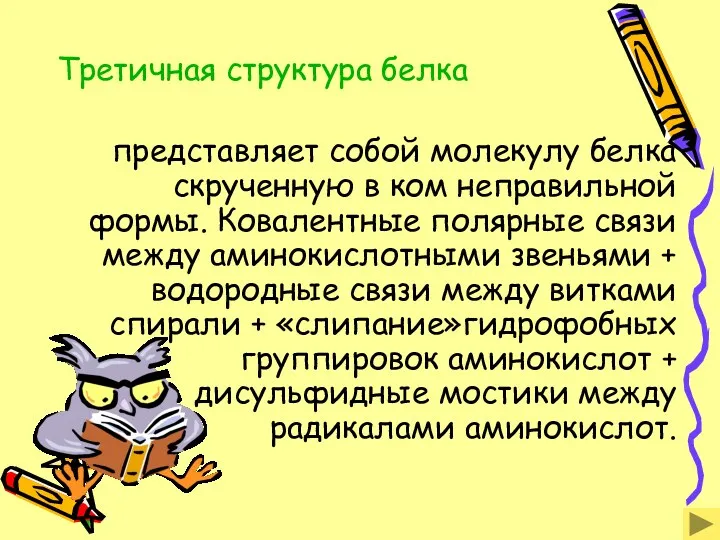 Третичная структура белка представляет собой молекулу белка скрученную в ком неправильной формы. Ковалентные