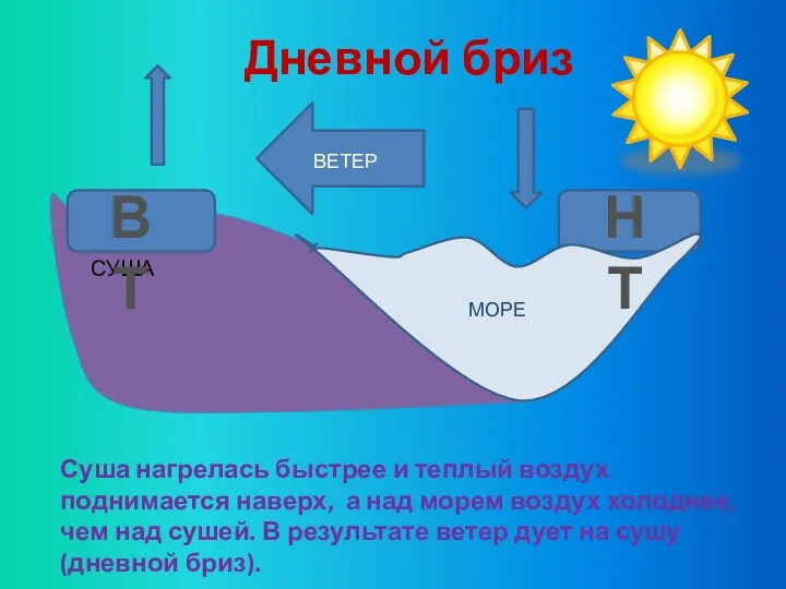 СУША МОРЕ ВЕТЕР Суша нагрелась быстрее и теплый воздух поднимается