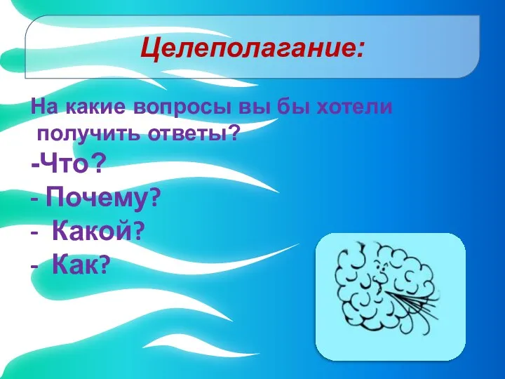 Целеполагание: На какие вопросы вы бы хотели получить ответы? -Что? - Почему? - Какой? - Как?