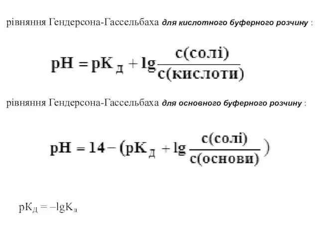 рівняння Гендерсона-Гассельбаха для кислотного буферного розчину : рівняння Гендерсона-Гассельбаха для основного буферного розчину :