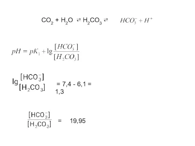 СО2 + Н2О ⇄ Н2СО3 ⇄ = = 7,4 - 6,1 = 1,3 19,95