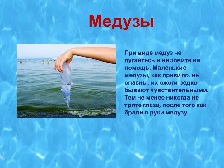 Медузы При виде медуз не пугайтесь и не зовите на помощь. Маленькие медузы,