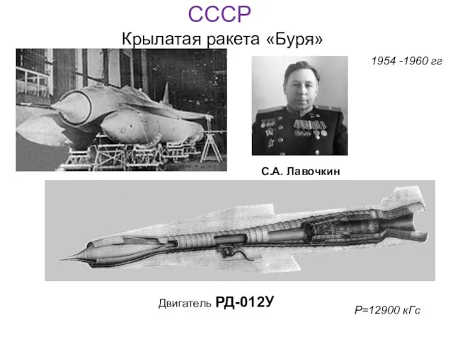 P=12900 кГс Крылатая ракета «Буря» Двигатель РД-012У С.А. Лавочкин 1954 -1960 гг СССР