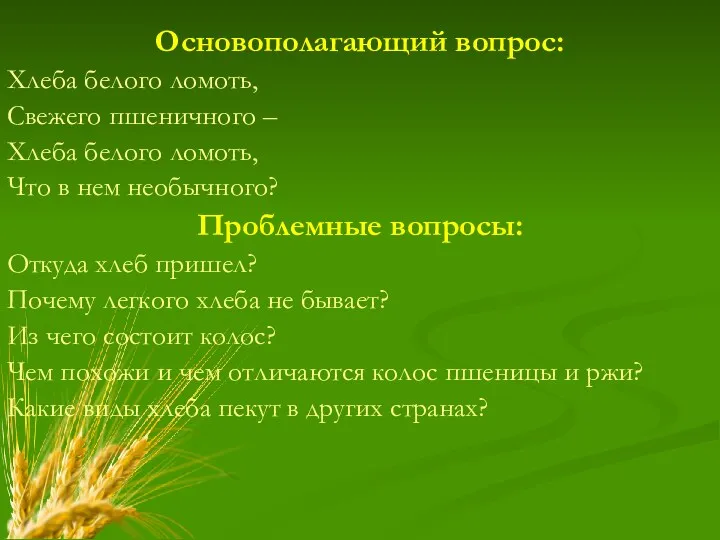 Основополагающий вопрос: Хлеба белого ломоть, Свежего пшеничного – Хлеба белого