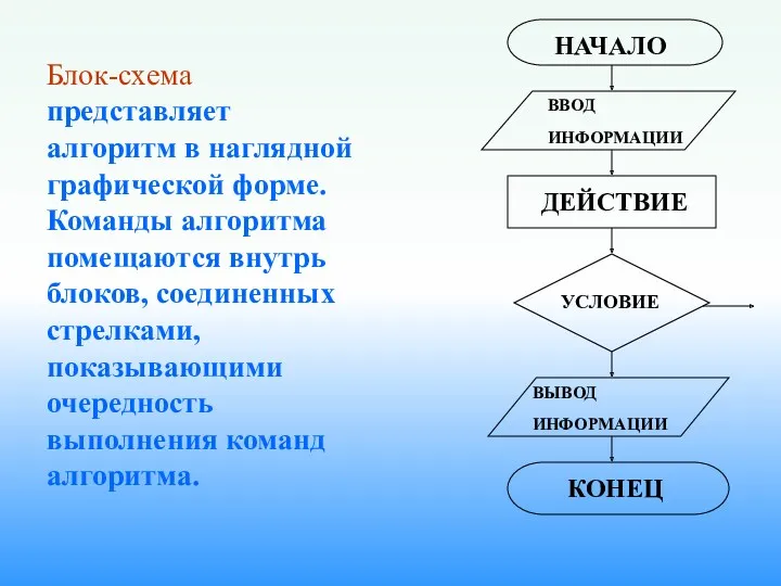 Блок-схема представляет алгоритм в наглядной графической форме. Команды алгоритма помещаются