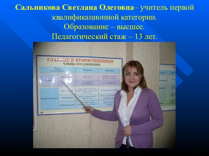 Сальникова Светлана Олеговна– учитель первой квалификационной категории. Образование – высшее. Педагогический стаж – 13 лет.