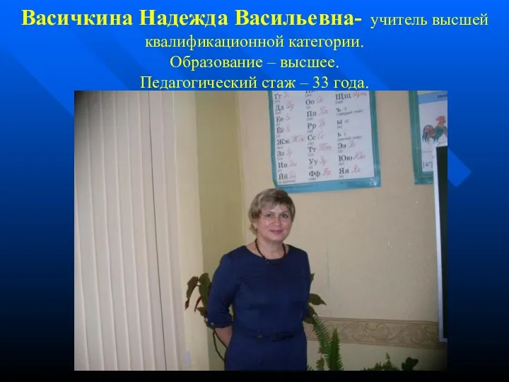 Васичкина Надежда Васильевна- учитель высшей квалификационной категории. Образование – высшее. Педагогический стаж – 33 года.