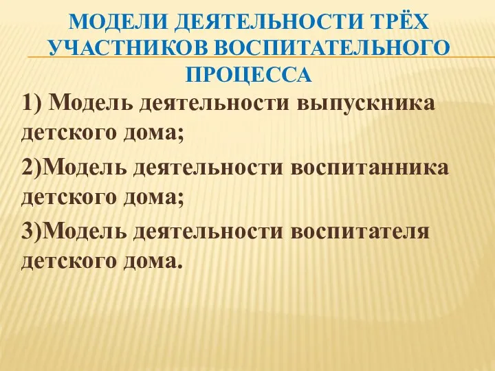 Модели деятельности трёх участников воспитательного процесса 1) Модель деятельности выпускника