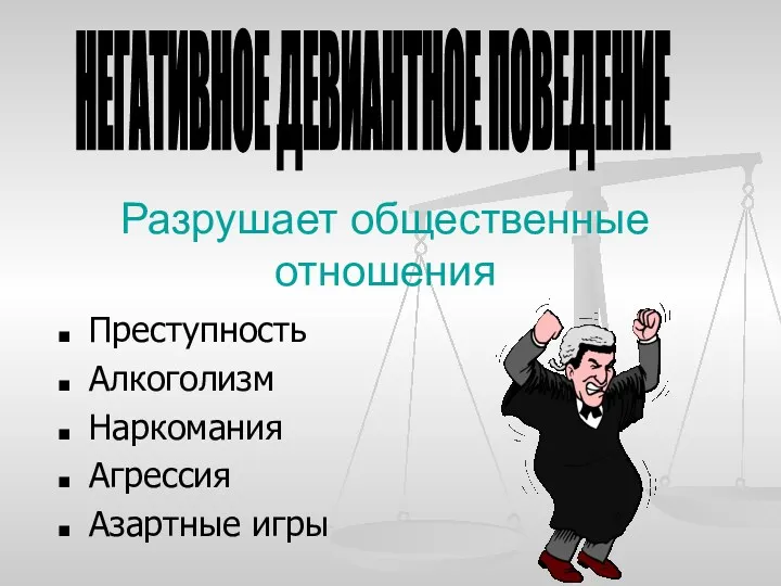 Разрушает общественные отношения Преступность Алкоголизм Наркомания Агрессия Азартные игры НЕГАТИВНОЕ ДЕВИАНТНОЕ ПОВЕДЕНИЕ