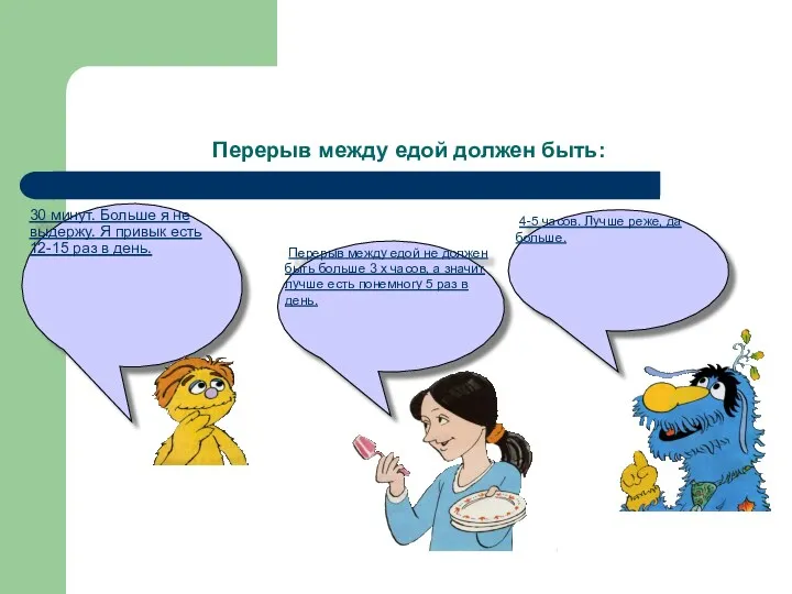 Перерыв между едой должен быть: 30 минут. Больше я не