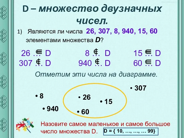 D – множество двузначных чисел. Являются ли числа 26, 307,