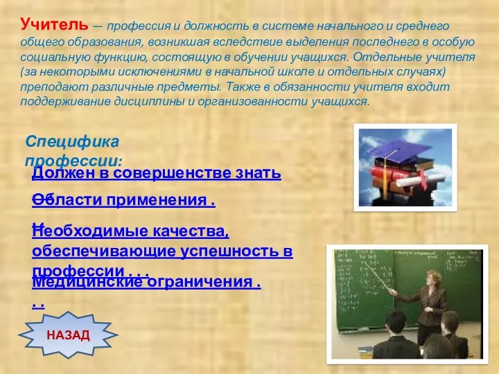 НАЗАД Учитель — профессия и должность в системе начального и среднего общего образования,