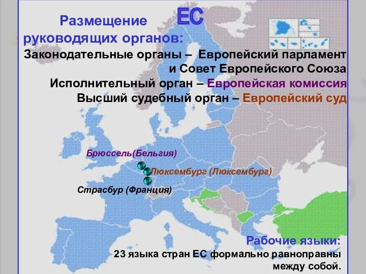 Страсбур (Франция) Люксембург (Люксембург) Брюссель(Бельгия) Размещение руководящих органов: ЕС Законодательные