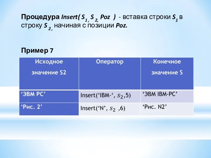 Процедура Insert( S1 , S 2, Poz ) - вставка