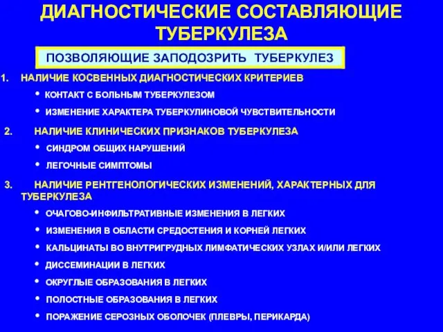 ДИАГНОСТИЧЕСКИЕ СОСТАВЛЯЮЩИЕ ТУБЕРКУЛЕЗА НАЛИЧИЕ КОСВЕННЫХ ДИАГНОСТИЧЕСКИХ КРИТЕРИЕВ • КОНТАКТ С