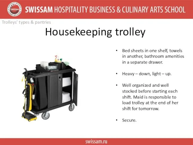 Housekeeping trolley Bed sheets in one shelf, towels in another,