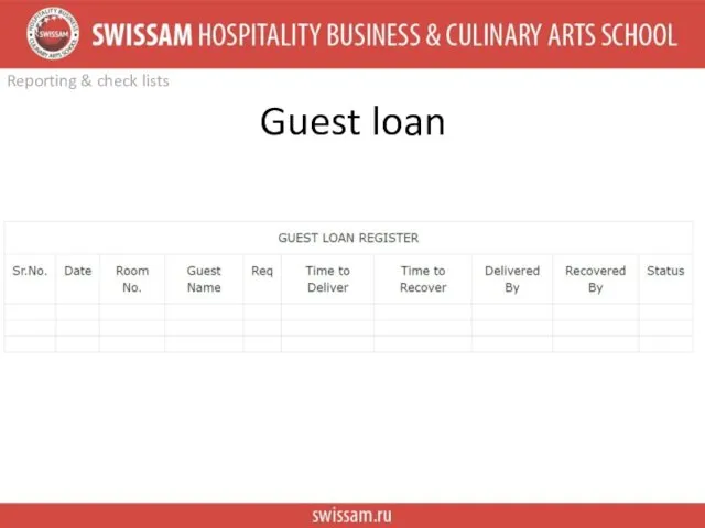 Reporting & check lists Guest loan