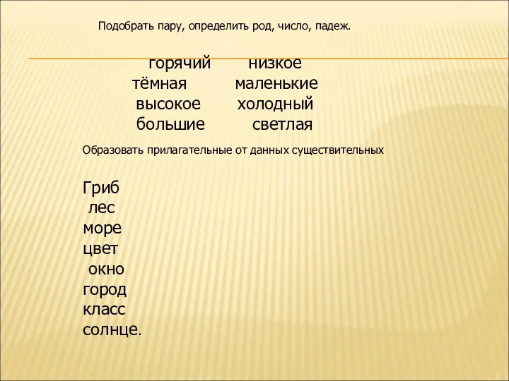 Подобрать пару, определить род, число, падеж. горячий низкое тёмная маленькие