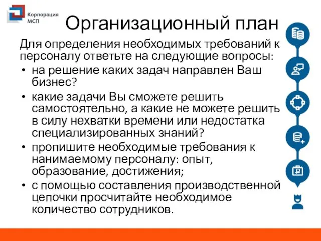 Организационный план Для определения необходимых требований к персоналу ответьте на