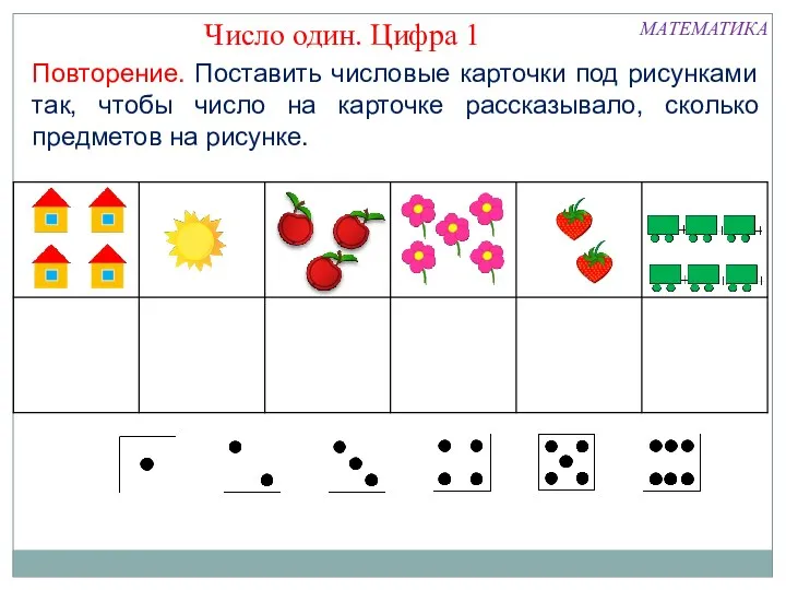 Повторение. Поставить числовые карточки под рисунками так, чтобы число на