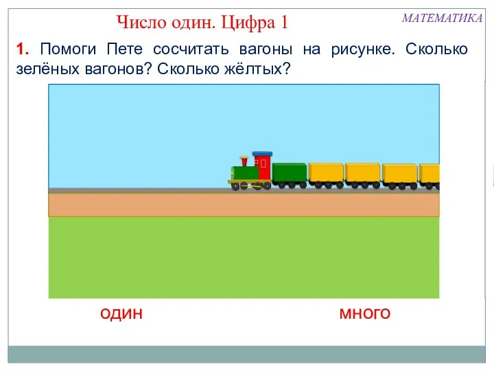 1. Помоги Пете сосчитать вагоны на рисунке. Сколько зелёных вагонов?