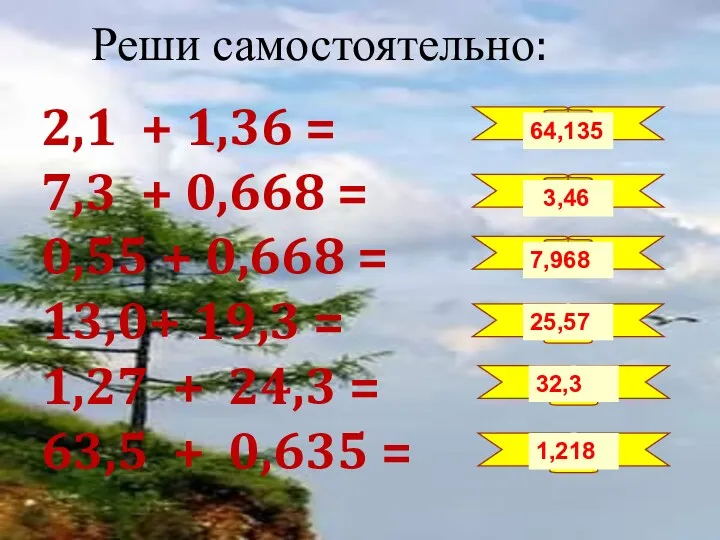 Реши самостоятельно: 2,1 + 1,36 = 7,3 + 0,668 =