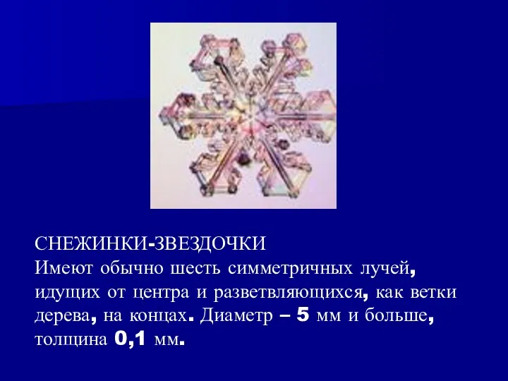 СНЕЖИНКИ-ЗВЕЗДОЧКИ Имеют обычно шесть симметричных лучей, идущих от центра и