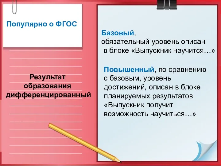 Популярно о ФГОС Результат образования дифференцированный Базовый, обязательный уровень описан