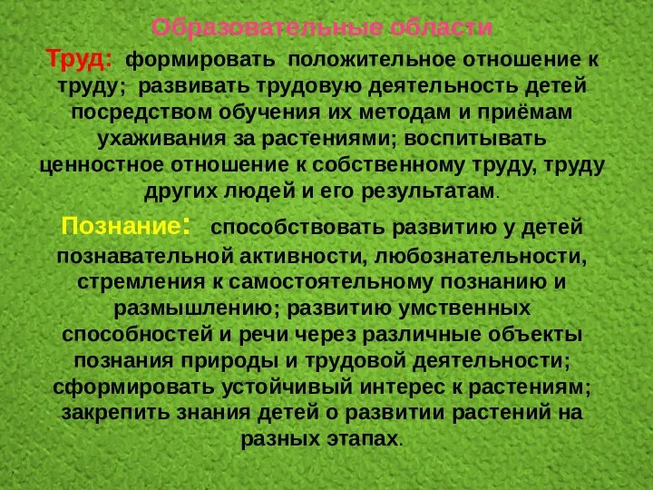 Образовательные области Труд: формировать положительное отношение к труду; развивать трудовую