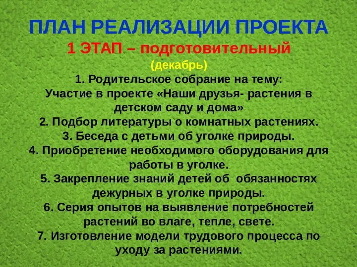 ПЛАН РЕАЛИЗАЦИИ ПРОЕКТА 1 ЭТАП – подготовительный (декабрь) 1. Родительское