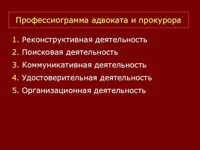 Профессиограмма адвоката и прокурора 1. Реконструктивная деятельность 2. Поисковая деятельность