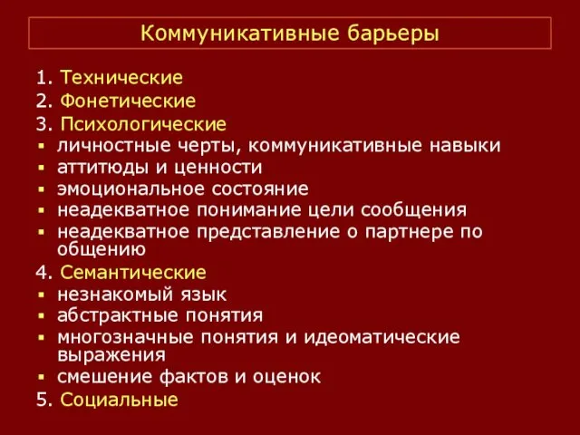 Коммуникативные барьеры 1. Технические 2. Фонетические 3. Психологические личностные черты, коммуникативные навыки аттитюды