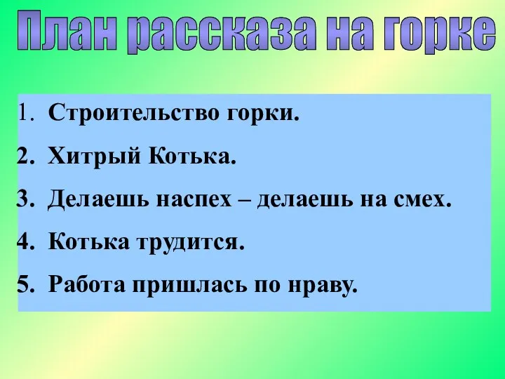 План рассказа на горке Строительство горки. Хитрый Котька. Делаешь наспех – делаешь на