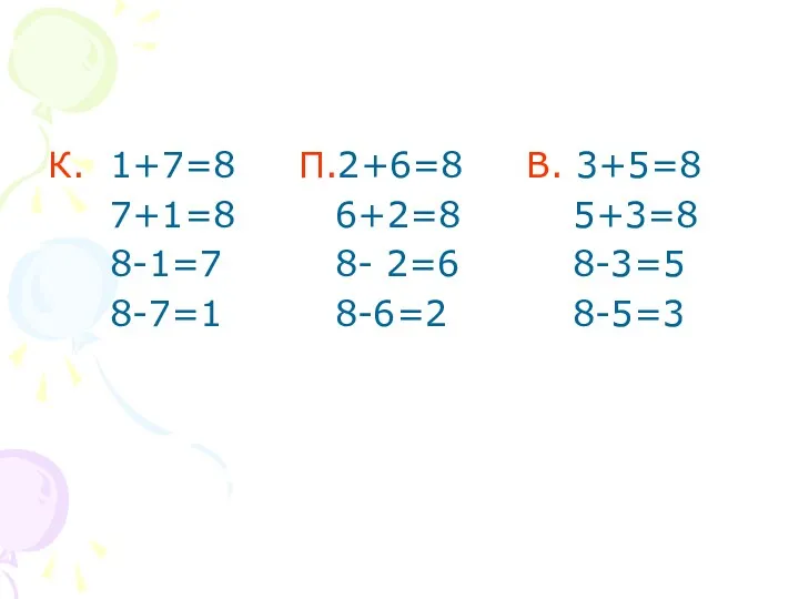 К. 1+7=8 П.2+6=8 В. 3+5=8 7+1=8 6+2=8 5+3=8 8-1=7 8- 2=6 8-3=5 8-7=1 8-6=2 8-5=3