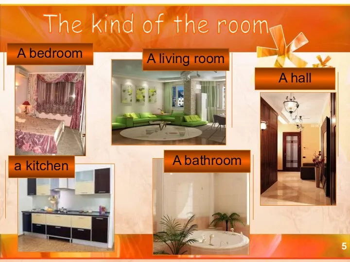 a kitchen A bedroom A living room A bathroom A hall The kind of the room