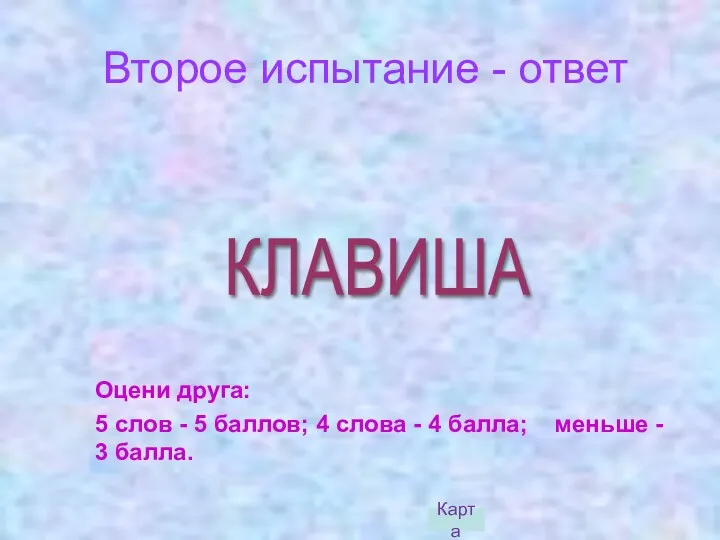 Второе испытание - ответ Карта КЛАВИША Оцени друга: 5 слов - 5 баллов;